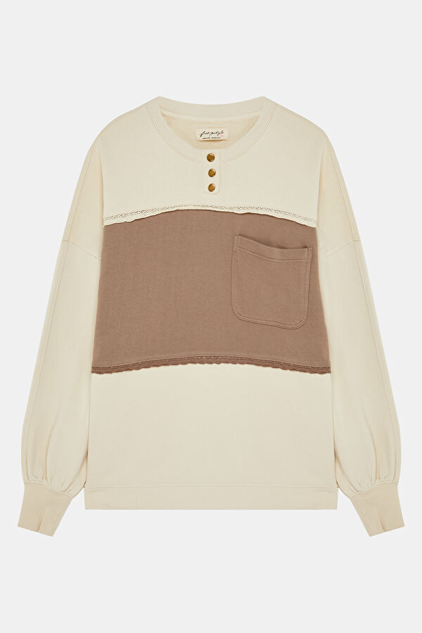 Krem Polo Yaka Kadın Sweatshirt