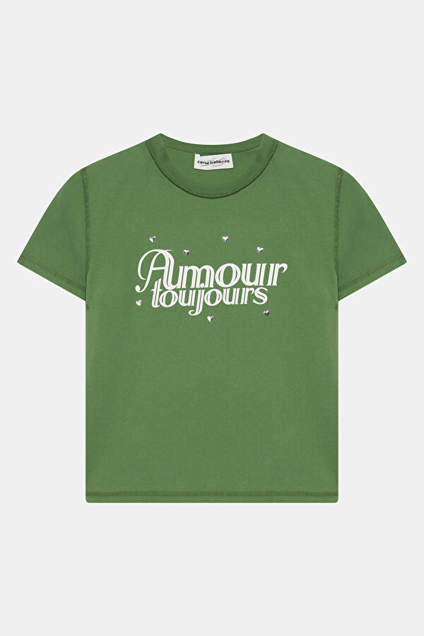 Yeşil O Yaka Desenli Kadın T-Shirt 4