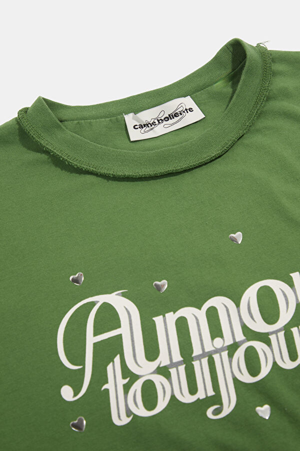Yeşil O Yaka Desenli Kadın T-Shirt 6