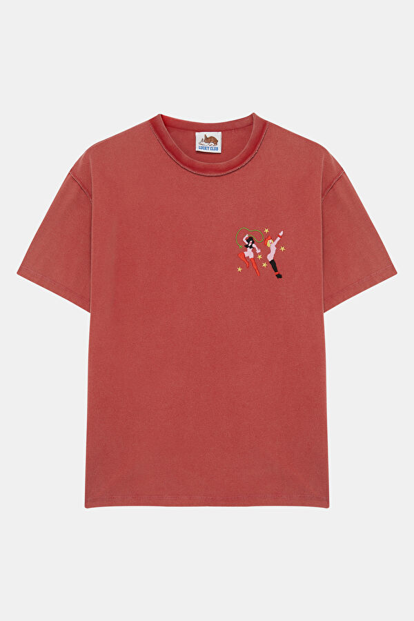Kırmızı O Yaka Desenli Kadın T-Shirt