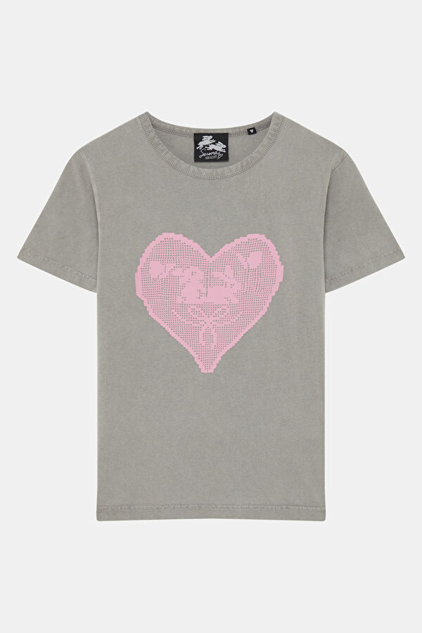 Gri O Yaka Desenli Kadın T-Shirt
