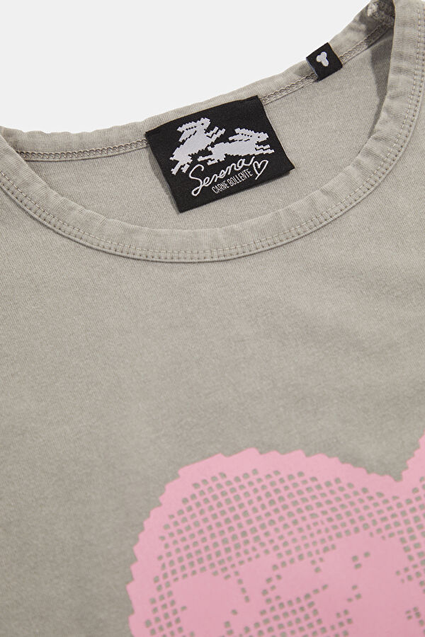 Gri O Yaka Desenli Kadın T-Shirt 3