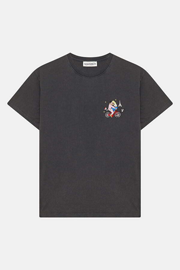 Siyah O Yaka Desenli Kadın T-Shirt