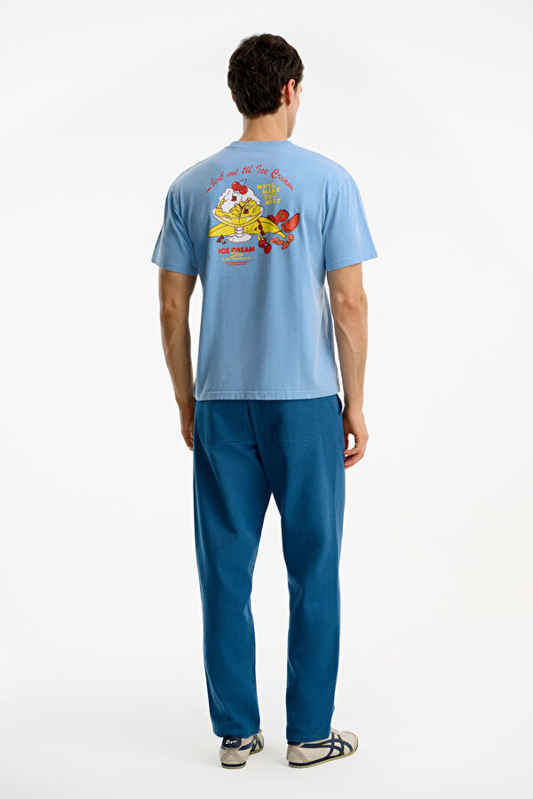 Relax Kalıp Mavi Bisiklet Yaka Baskılı Erkek T-Shirt 2