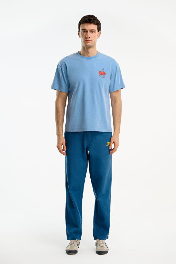 Relax Kalıp Mavi Bisiklet Yaka Baskılı Erkek T-Shirt 3