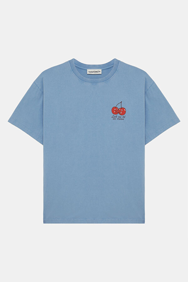 Relax Kalıp Mavi Bisiklet Yaka Baskılı Erkek T-Shirt 4