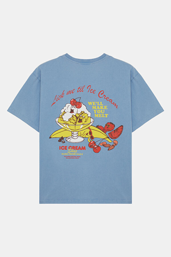 Relax Kalıp Mavi Bisiklet Yaka Baskılı Erkek T-Shirt 5