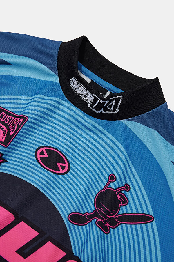 Relax Fit Blue Crew Neck Printed T-Shirt 3