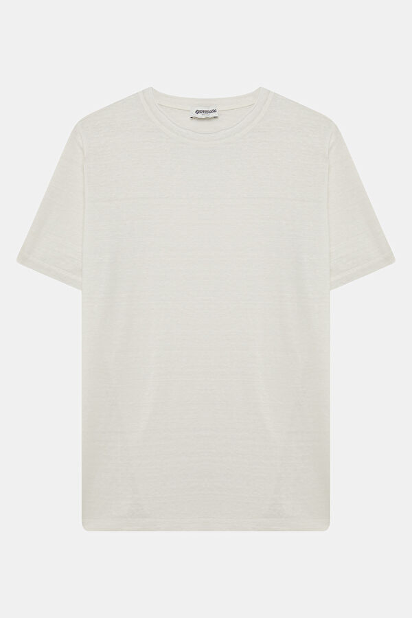 Ekru Bisiklet Yaka Keten Erkek T-Shirt