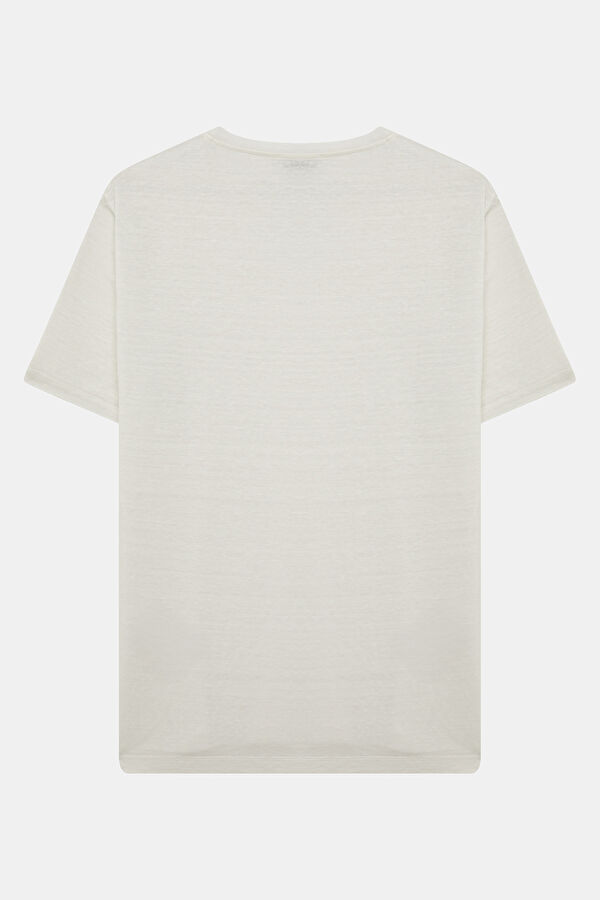 Ekru Bisiklet Yaka Keten Erkek T-Shirt 2