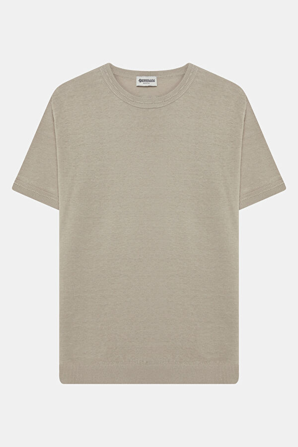 Beige Crew Neck Linen Men's T-Shirt