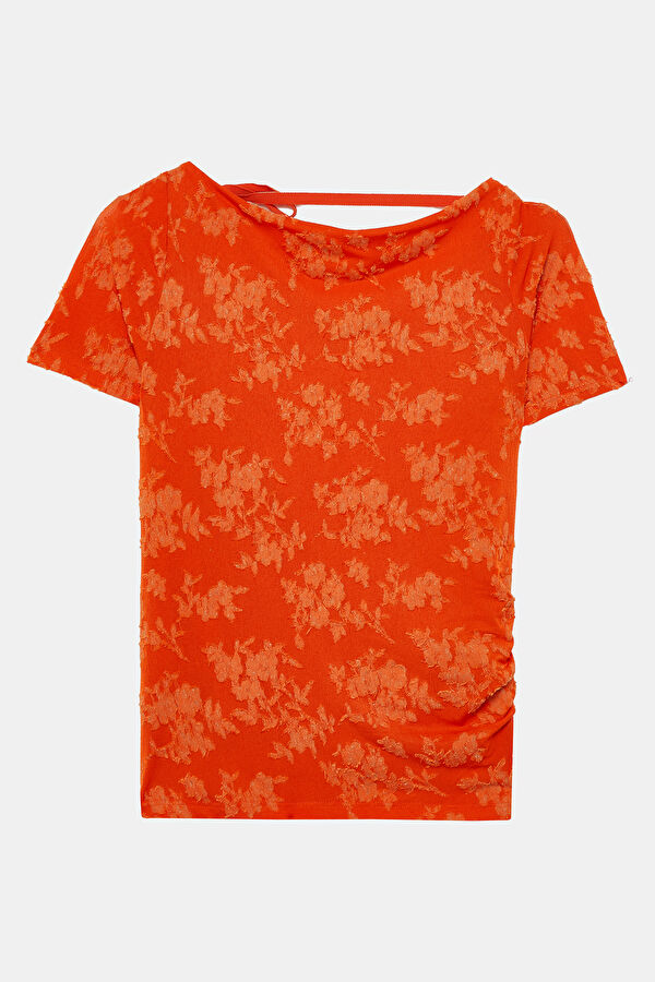 Orange Patterned Short-Sleeved Women's Blouse