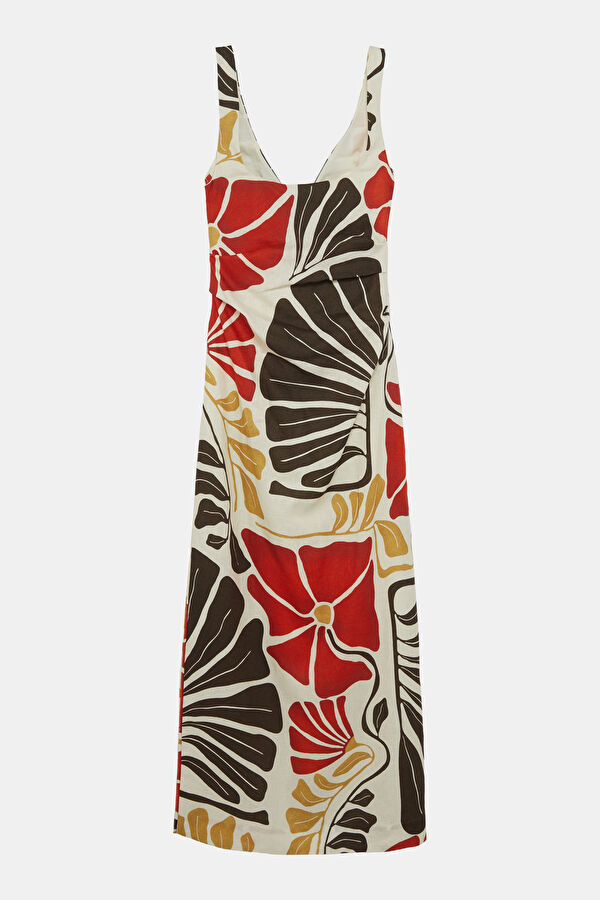 Cream Patterned Midi Linen Women's Dress 4
