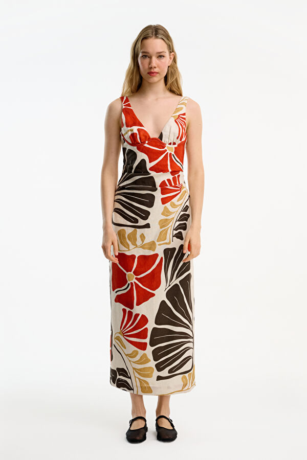 Cream Patterned Midi Linen Women's Dress