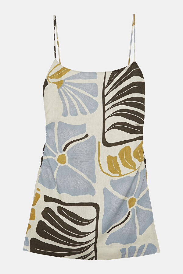 Cream Patterned Mini Linen Women's Dress 3