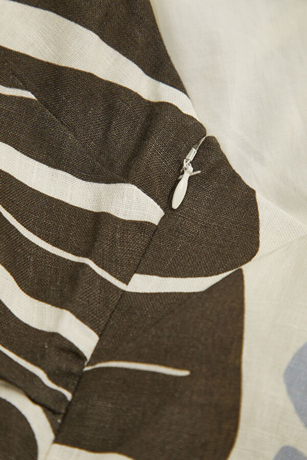 Cream Patterned Mini Linen Women's Dress 6