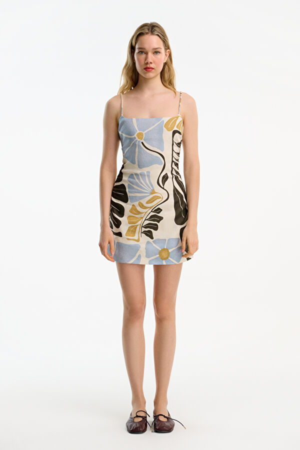 Cream Patterned Mini Linen Women's Dress