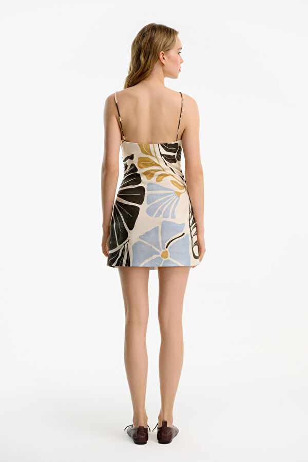 Cream Patterned Mini Linen Women's Dress 2