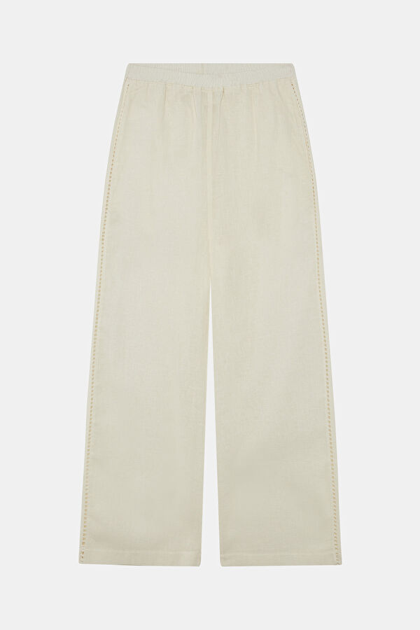 Ekru Wide Leg Pamuk/Keten Kadın Pantolon