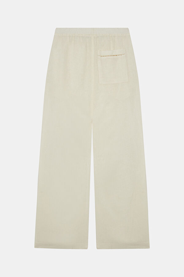 Ekru Wide Leg Pamuk/Keten Kadın Pantolon 2