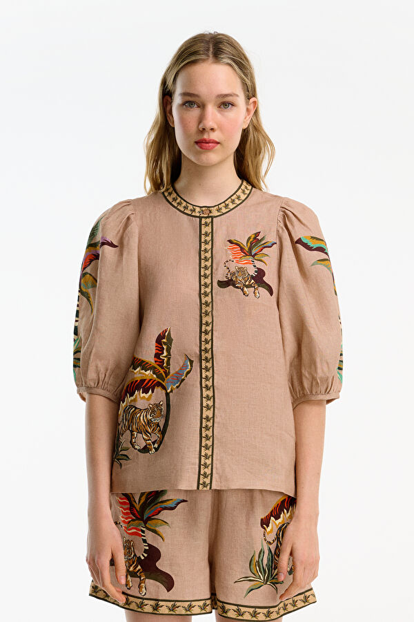 Beige Patterned Crew Neck Women's Shirt