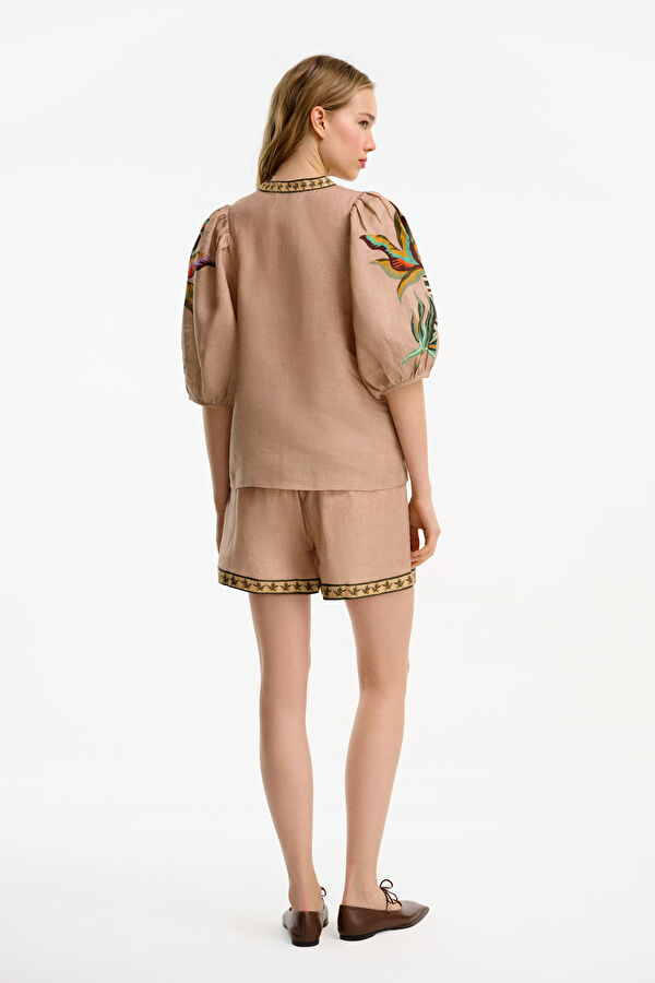 Beige Patterned Crew Neck Women's Shirt 2