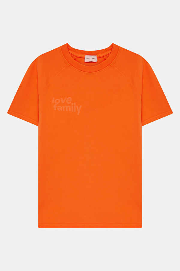 Relax Kalıp Turuncu Bisiklet Yaka Baskılı Erkek T-Shirt