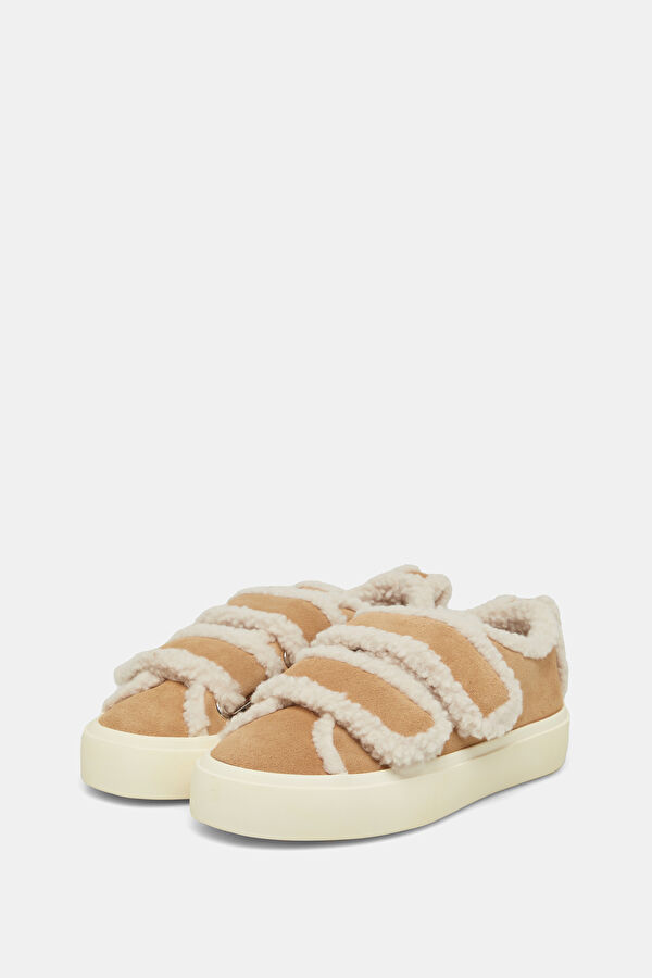 Shearling Low Velcro Bej Kadın Spor Ayakkabı 2