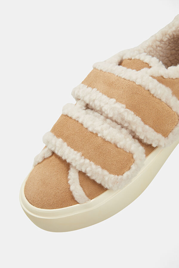 Shearling Low Velcro Bej Kadın Spor Ayakkabı 4
