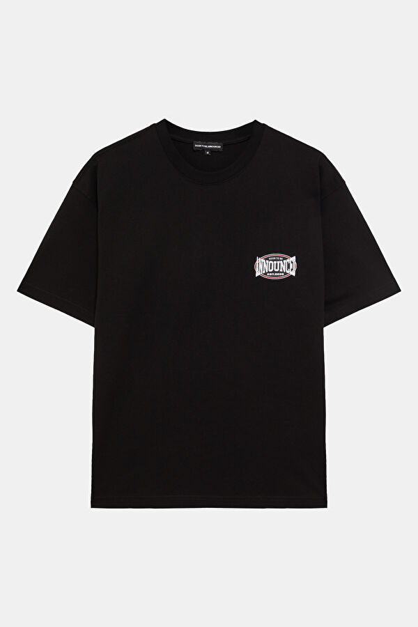 Relax Kalıp Siyah Bisiklet Yaka Baskılı Erkek T-Shirt