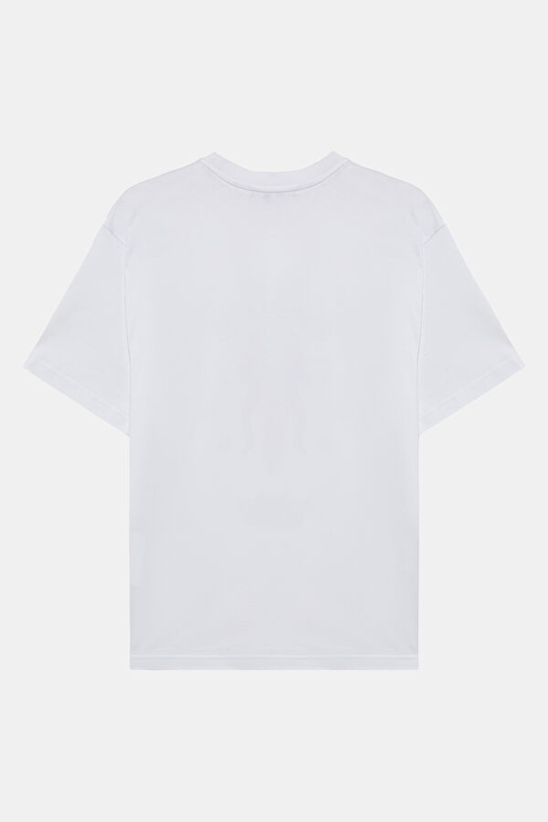Relax Kalıp Beyaz Bisiklet Yaka Baskılı Erkek T-Shirt 2