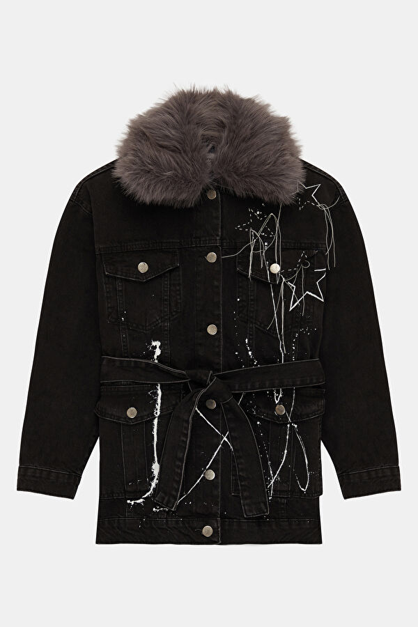 Black Faux Fur Collar Women's Jacket