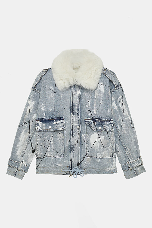 Ice Blue Women's Faux Fur Collar Coat