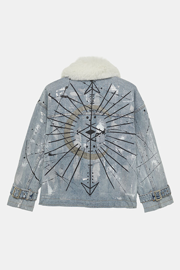 Ice Blue Women's Faux Fur Collar Coat 2