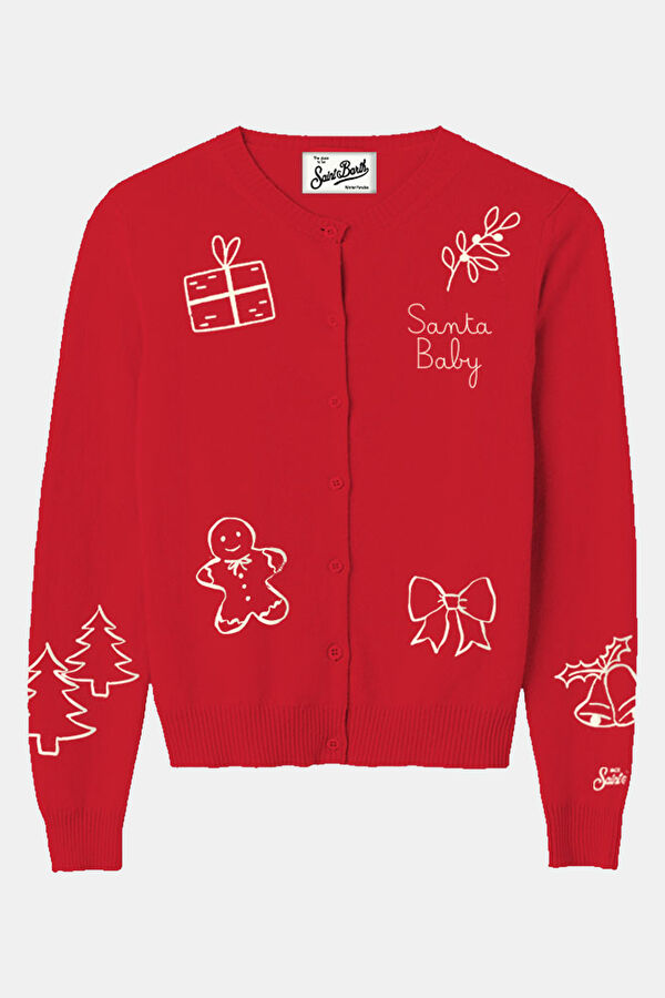 Red Patterned Wool Kids Cardigan