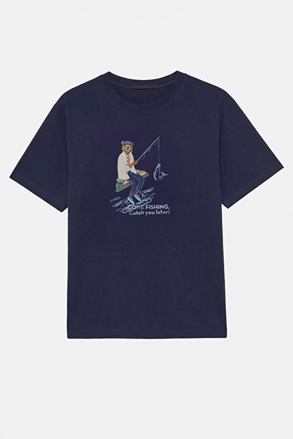 Lacivert Bisiklet Yaka Baskılı Erkek T-Shirt