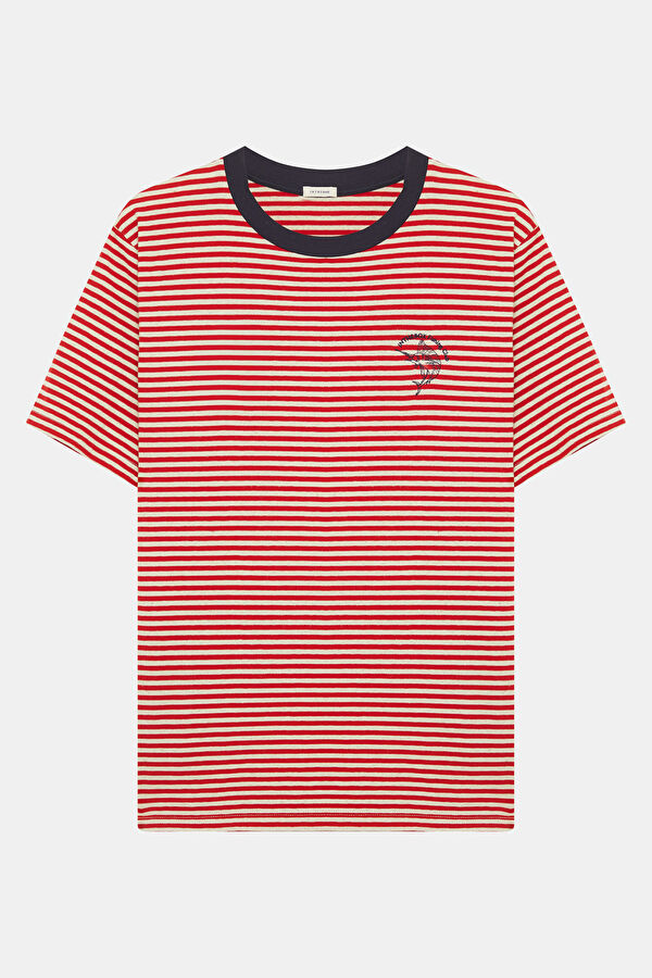 Red Crew Neck Striped Men's T-Shirt