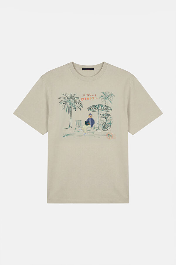 Beige Crew Neck Printed Men's T-Shirt