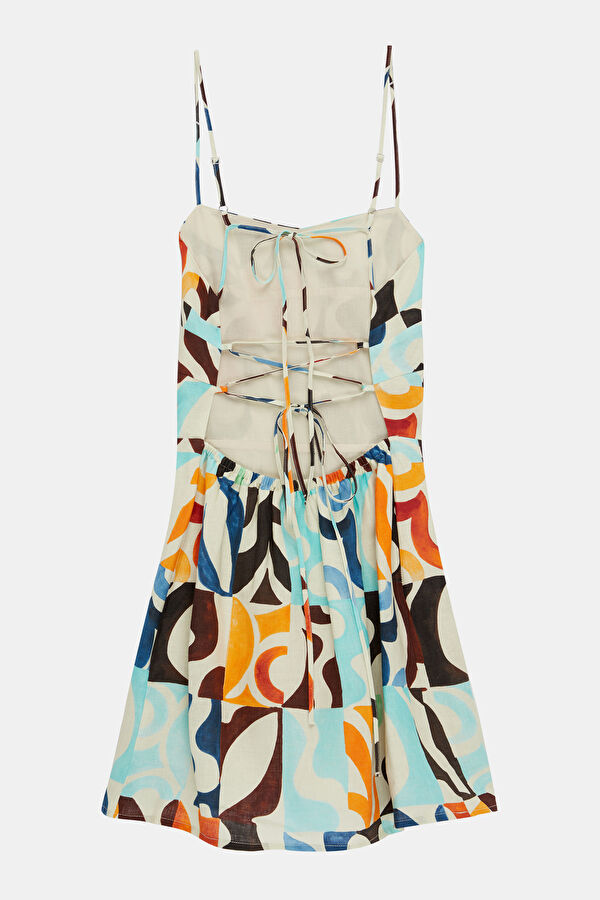 Multicolored Patterned Linen Women's Short Dress 4