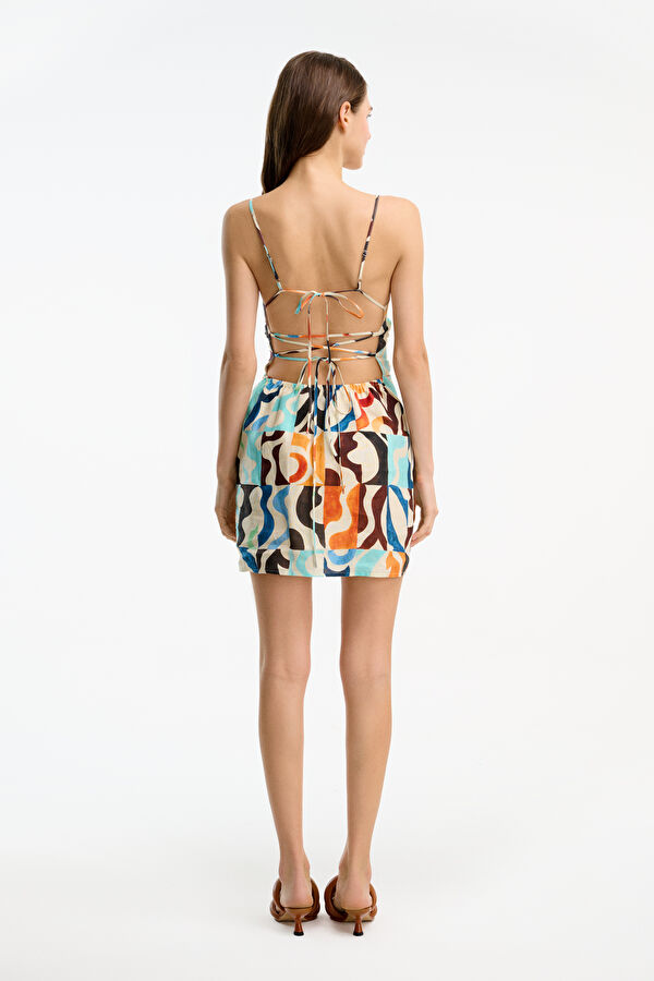 Multicolored Patterned Linen Women's Short Dress 2
