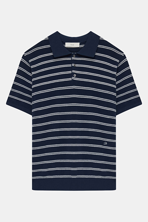 Relax Kalıp Lacivert Polo Yaka Çizgili Erkek T-Shirt