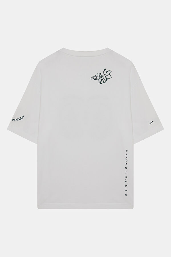 Relax Kalıp Beyaz Bisiklet Yaka Nakışlı Erkek T-Shirt 2