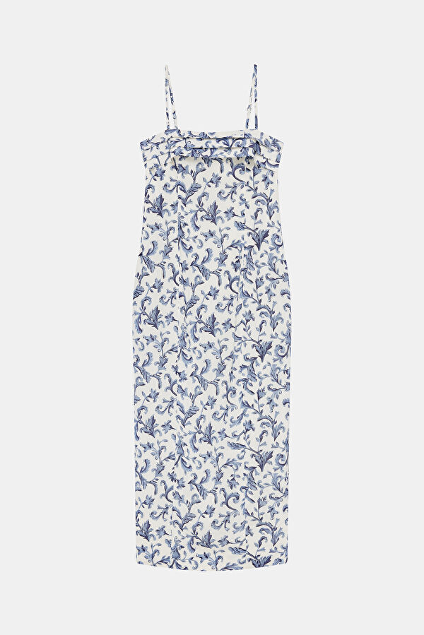 Blue Floral Patterned Midi Linen Women's Dress