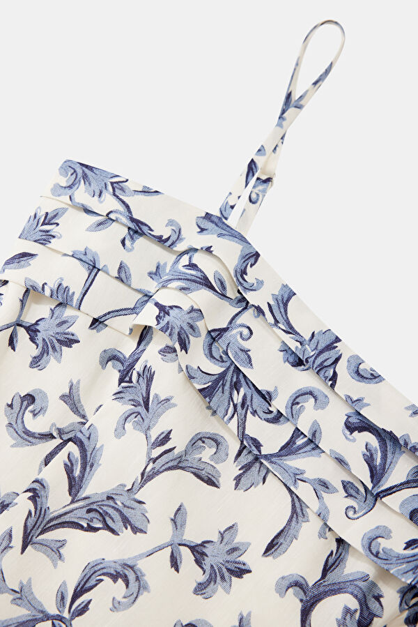 Blue Floral Patterned Midi Linen Women's Dress 3