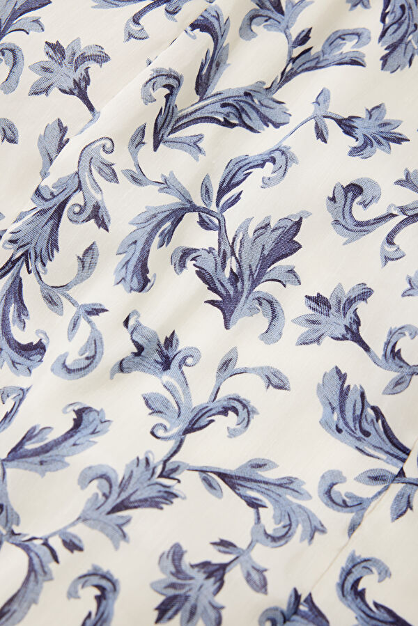 Blue Floral Patterned Midi Linen Women's Dress 4