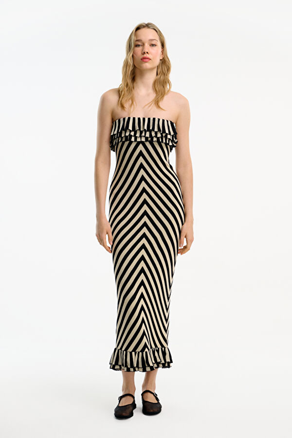 Cream Striped Midi Women's Dress