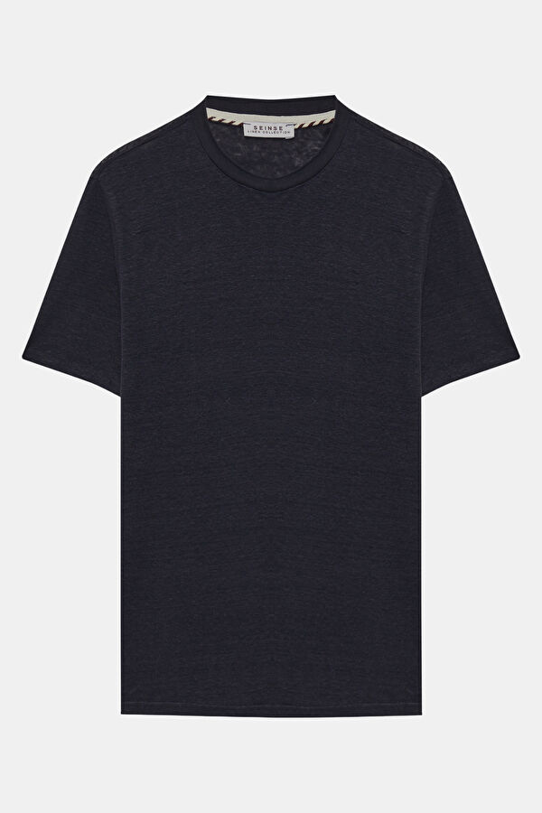 Relax Fit Navy Blue Crew Neck Linen Men's T-Shirt