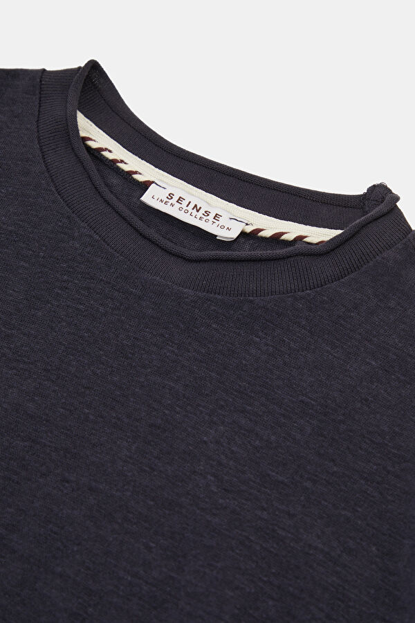Relax Fit Navy Blue Crew Neck Linen Men's T-Shirt 3