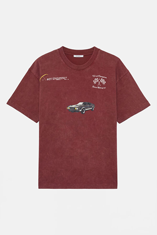 Relax Fit Brick Red Crew Neck Embroidered Men's T-Shirt