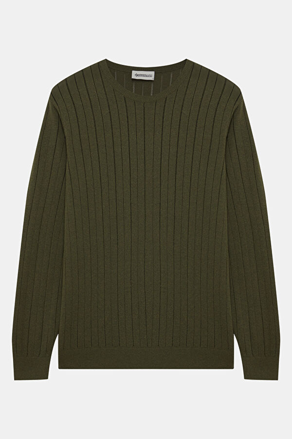 Khaki Striped Pattern Viscose Knit Men's Sweater